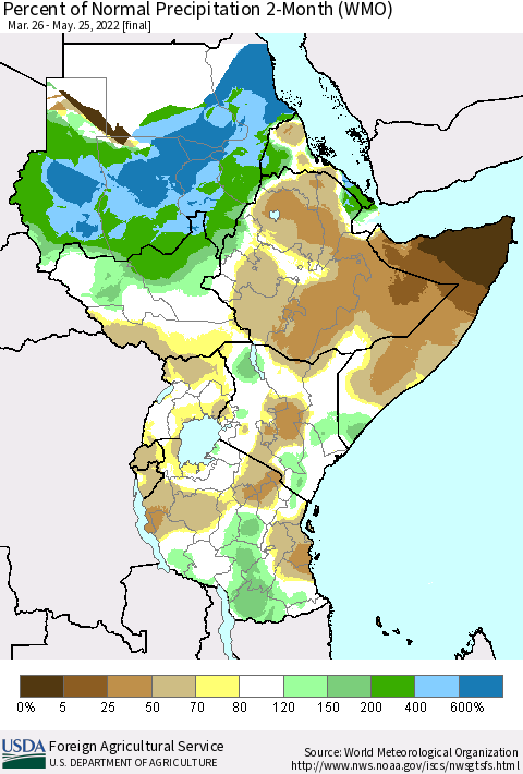 Eastern Africa Percent of Normal Precipitation 2-Month (WMO) Thematic Map For 3/26/2022 - 5/25/2022