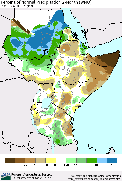 Eastern Africa Percent of Normal Precipitation 2-Month (WMO) Thematic Map For 4/1/2022 - 5/31/2022