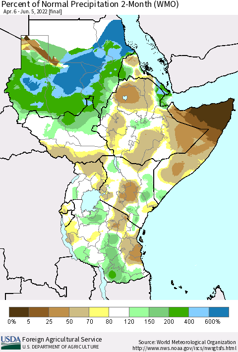 Eastern Africa Percent of Normal Precipitation 2-Month (WMO) Thematic Map For 4/6/2022 - 6/5/2022