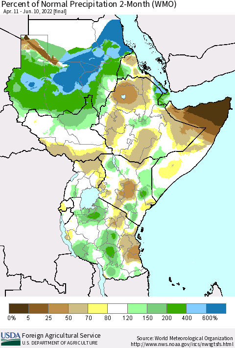 Eastern Africa Percent of Normal Precipitation 2-Month (WMO) Thematic Map For 4/11/2022 - 6/10/2022