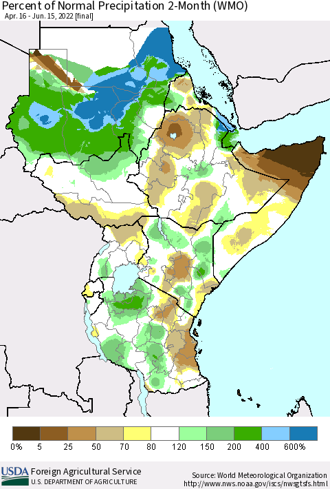 Eastern Africa Percent of Normal Precipitation 2-Month (WMO) Thematic Map For 4/16/2022 - 6/15/2022