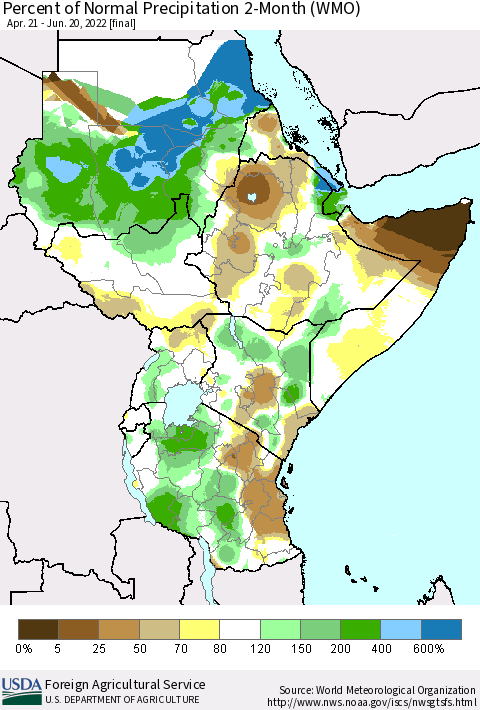 Eastern Africa Percent of Normal Precipitation 2-Month (WMO) Thematic Map For 4/21/2022 - 6/20/2022