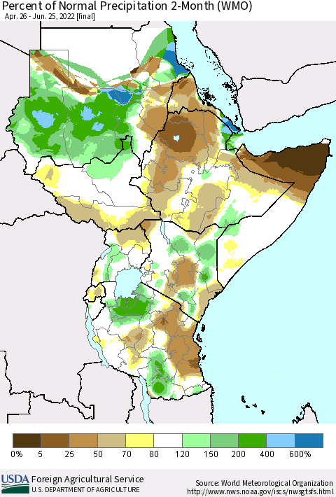 Eastern Africa Percent of Normal Precipitation 2-Month (WMO) Thematic Map For 4/26/2022 - 6/25/2022