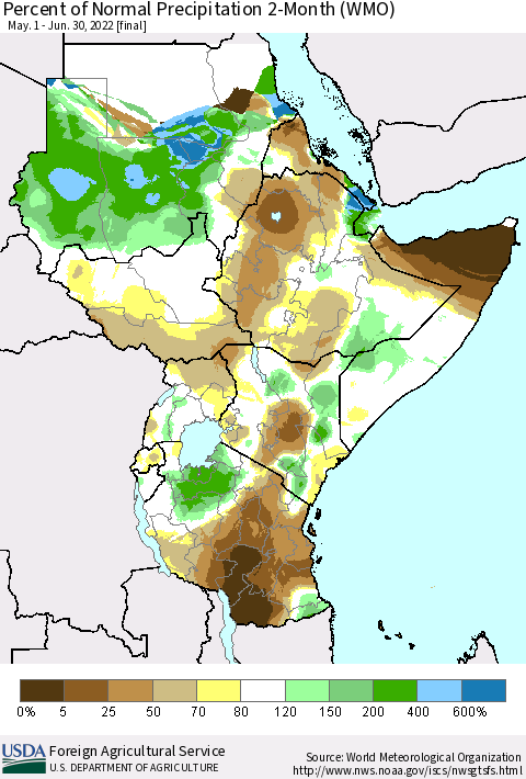 Eastern Africa Percent of Normal Precipitation 2-Month (WMO) Thematic Map For 5/1/2022 - 6/30/2022