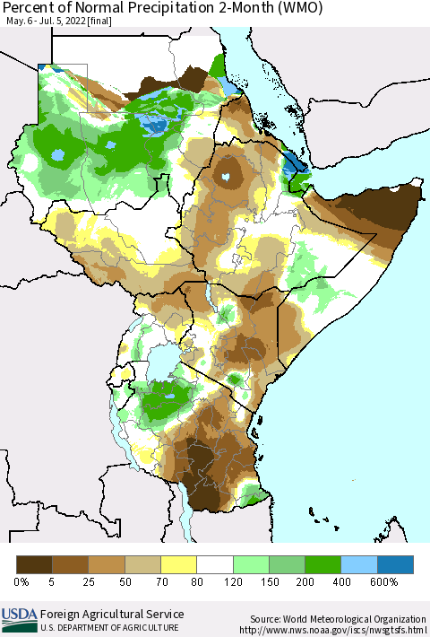 Eastern Africa Percent of Normal Precipitation 2-Month (WMO) Thematic Map For 5/6/2022 - 7/5/2022