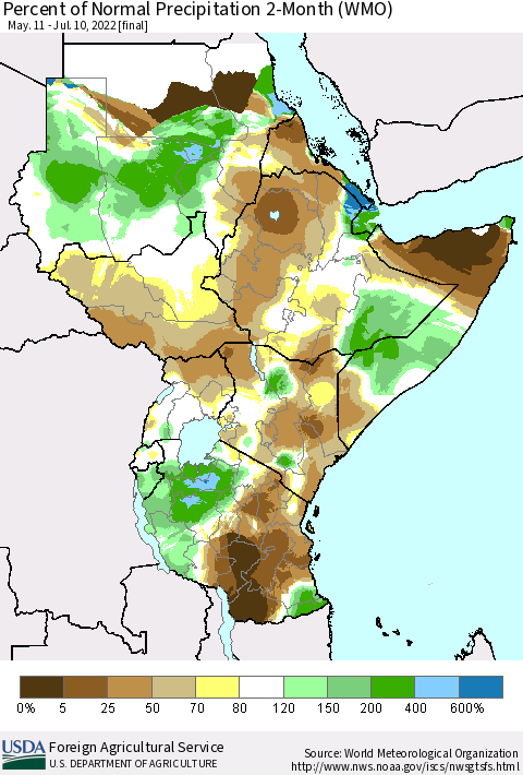 Eastern Africa Percent of Normal Precipitation 2-Month (WMO) Thematic Map For 5/11/2022 - 7/10/2022