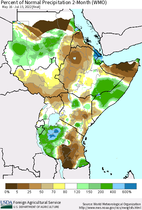 Eastern Africa Percent of Normal Precipitation 2-Month (WMO) Thematic Map For 5/16/2022 - 7/15/2022
