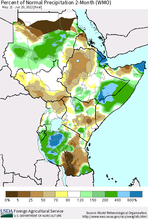 Eastern Africa Percent of Normal Precipitation 2-Month (WMO) Thematic Map For 5/21/2022 - 7/20/2022