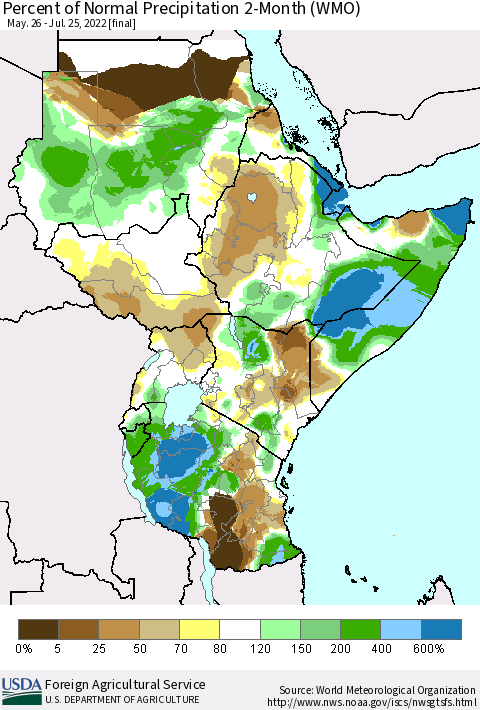 Eastern Africa Percent of Normal Precipitation 2-Month (WMO) Thematic Map For 5/26/2022 - 7/25/2022
