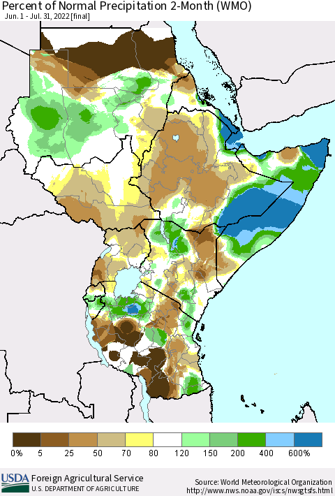 Eastern Africa Percent of Normal Precipitation 2-Month (WMO) Thematic Map For 6/1/2022 - 7/31/2022