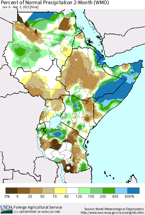 Eastern Africa Percent of Normal Precipitation 2-Month (WMO) Thematic Map For 6/6/2022 - 8/5/2022