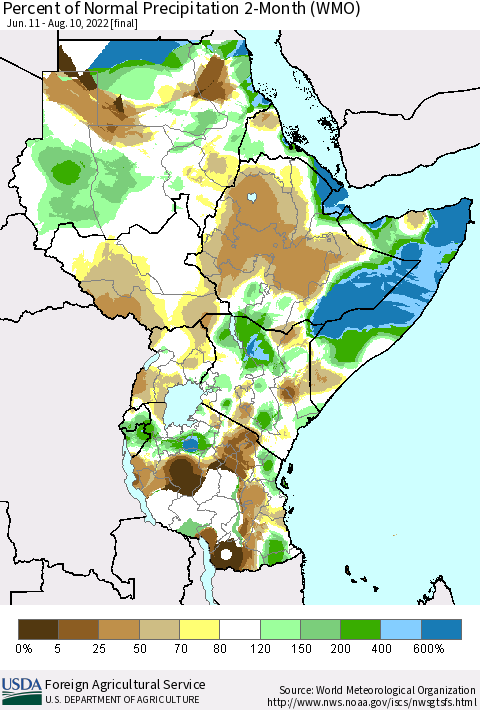Eastern Africa Percent of Normal Precipitation 2-Month (WMO) Thematic Map For 6/11/2022 - 8/10/2022