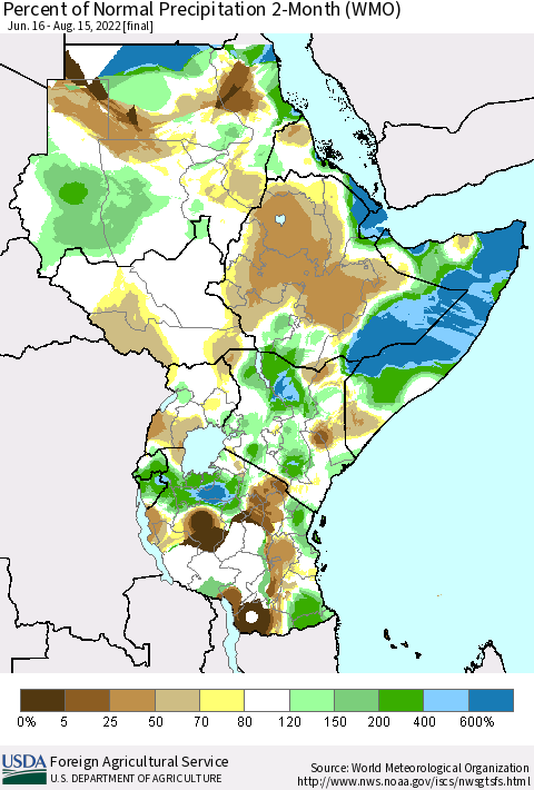 Eastern Africa Percent of Normal Precipitation 2-Month (WMO) Thematic Map For 6/16/2022 - 8/15/2022