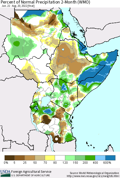 Eastern Africa Percent of Normal Precipitation 2-Month (WMO) Thematic Map For 6/21/2022 - 8/20/2022
