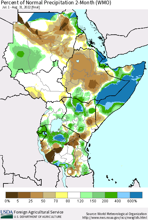 Eastern Africa Percent of Normal Precipitation 2-Month (WMO) Thematic Map For 7/1/2022 - 8/31/2022