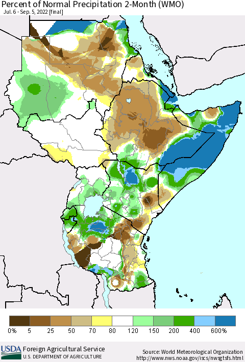 Eastern Africa Percent of Normal Precipitation 2-Month (WMO) Thematic Map For 7/6/2022 - 9/5/2022