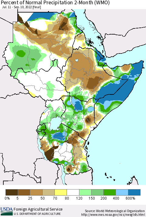 Eastern Africa Percent of Normal Precipitation 2-Month (WMO) Thematic Map For 7/11/2022 - 9/10/2022
