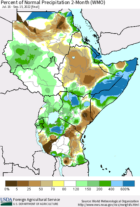 Eastern Africa Percent of Normal Precipitation 2-Month (WMO) Thematic Map For 7/16/2022 - 9/15/2022