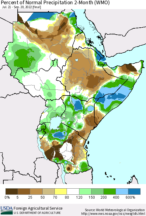 Eastern Africa Percent of Normal Precipitation 2-Month (WMO) Thematic Map For 7/21/2022 - 9/20/2022