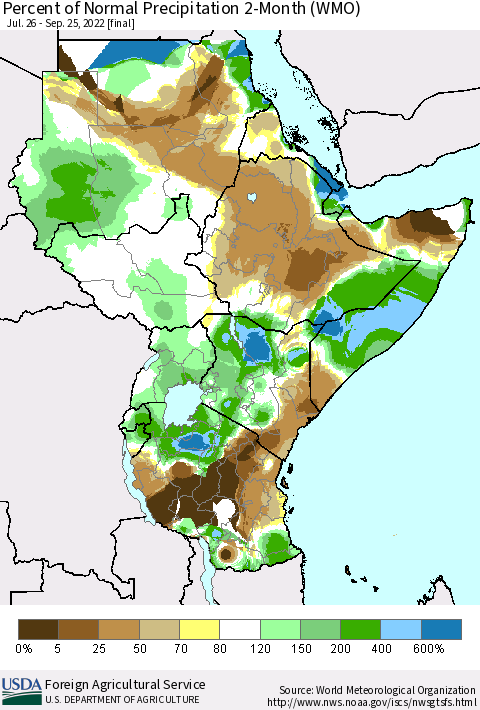 Eastern Africa Percent of Normal Precipitation 2-Month (WMO) Thematic Map For 7/26/2022 - 9/25/2022