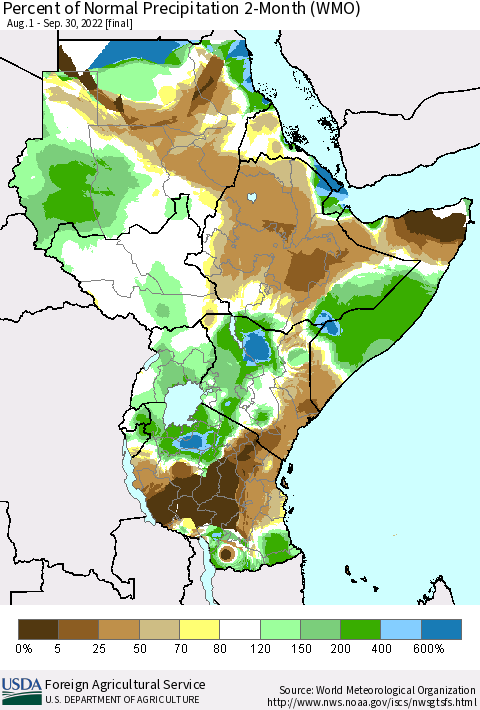 Eastern Africa Percent of Normal Precipitation 2-Month (WMO) Thematic Map For 8/1/2022 - 9/30/2022