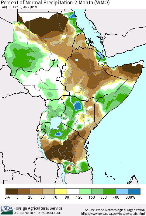 Eastern Africa Percent of Normal Precipitation 2-Month (WMO) Thematic Map For 8/6/2022 - 10/5/2022