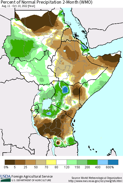Eastern Africa Percent of Normal Precipitation 2-Month (WMO) Thematic Map For 8/11/2022 - 10/10/2022