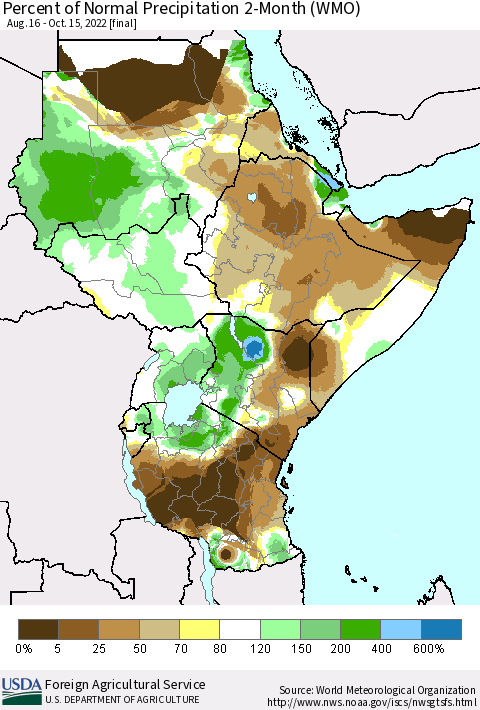 Eastern Africa Percent of Normal Precipitation 2-Month (WMO) Thematic Map For 8/16/2022 - 10/15/2022