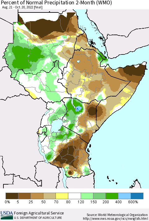 Eastern Africa Percent of Normal Precipitation 2-Month (WMO) Thematic Map For 8/21/2022 - 10/20/2022