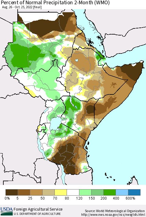 Eastern Africa Percent of Normal Precipitation 2-Month (WMO) Thematic Map For 8/26/2022 - 10/25/2022