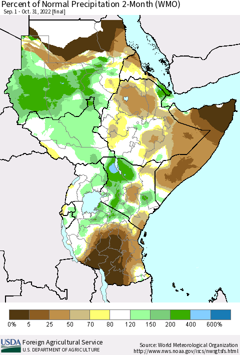 Eastern Africa Percent of Normal Precipitation 2-Month (WMO) Thematic Map For 9/1/2022 - 10/31/2022