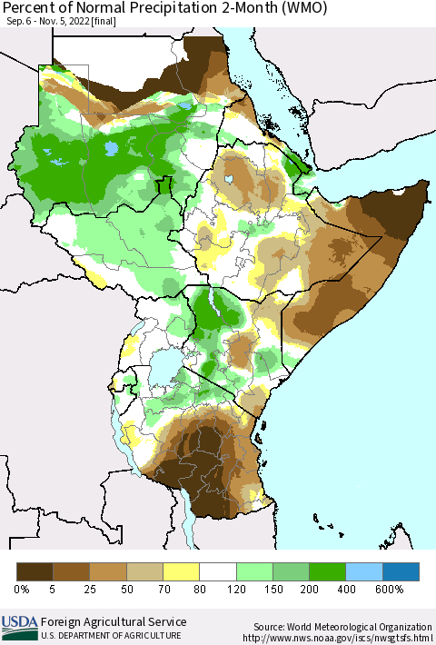 Eastern Africa Percent of Normal Precipitation 2-Month (WMO) Thematic Map For 9/6/2022 - 11/5/2022