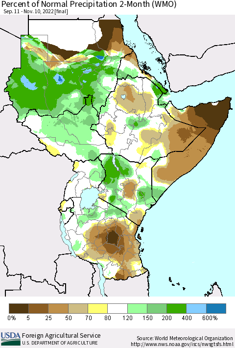 Eastern Africa Percent of Normal Precipitation 2-Month (WMO) Thematic Map For 9/11/2022 - 11/10/2022