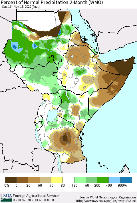 Eastern Africa Percent of Normal Precipitation 2-Month (WMO) Thematic Map For 9/16/2022 - 11/15/2022