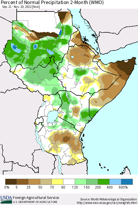 Eastern Africa Percent of Normal Precipitation 2-Month (WMO) Thematic Map For 9/21/2022 - 11/20/2022