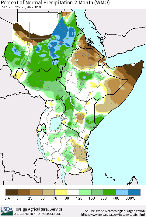 Eastern Africa Percent of Normal Precipitation 2-Month (WMO) Thematic Map For 9/26/2022 - 11/25/2022