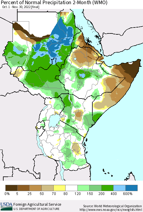 Eastern Africa Percent of Normal Precipitation 2-Month (WMO) Thematic Map For 10/1/2022 - 11/30/2022
