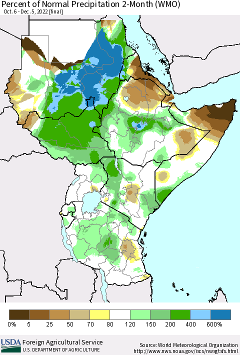 Eastern Africa Percent of Normal Precipitation 2-Month (WMO) Thematic Map For 10/6/2022 - 12/5/2022