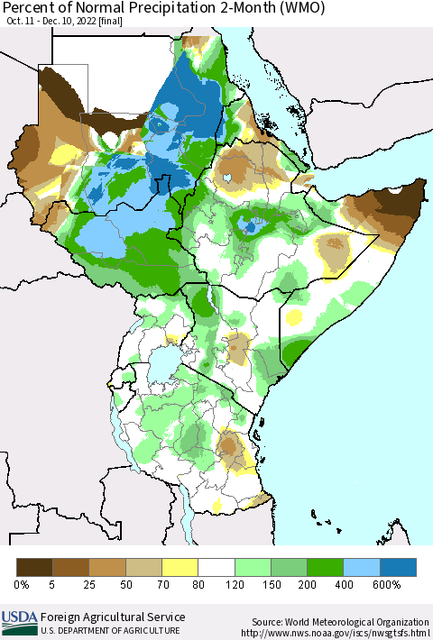 Eastern Africa Percent of Normal Precipitation 2-Month (WMO) Thematic Map For 10/11/2022 - 12/10/2022