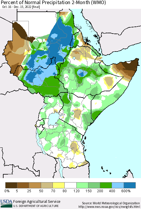 Eastern Africa Percent of Normal Precipitation 2-Month (WMO) Thematic Map For 10/16/2022 - 12/15/2022