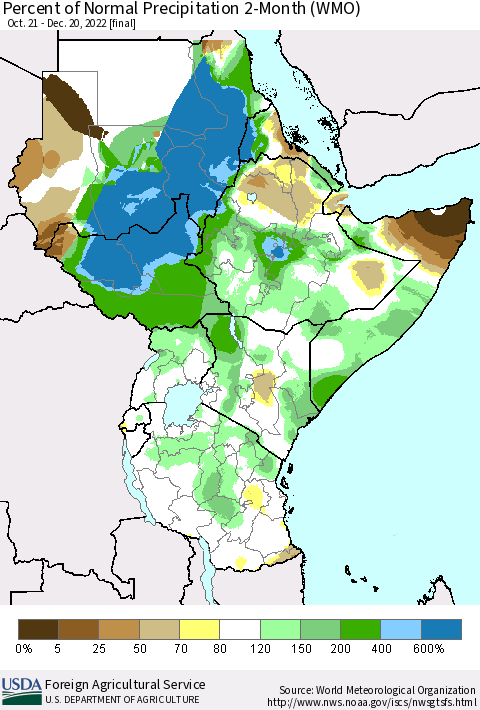 Eastern Africa Percent of Normal Precipitation 2-Month (WMO) Thematic Map For 10/21/2022 - 12/20/2022