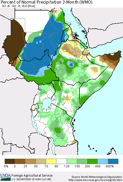 Eastern Africa Percent of Normal Precipitation 2-Month (WMO) Thematic Map For 10/26/2022 - 12/25/2022