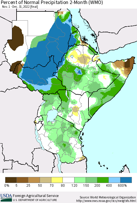 Eastern Africa Percent of Normal Precipitation 2-Month (WMO) Thematic Map For 11/1/2022 - 12/31/2022