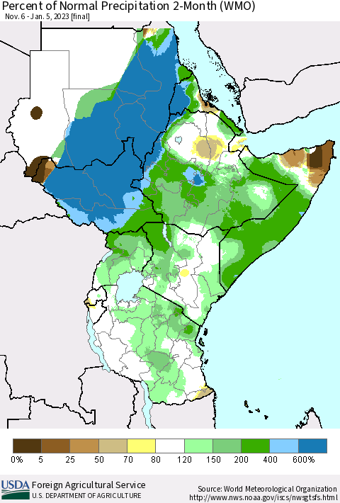 Eastern Africa Percent of Normal Precipitation 2-Month (WMO) Thematic Map For 11/6/2022 - 1/5/2023