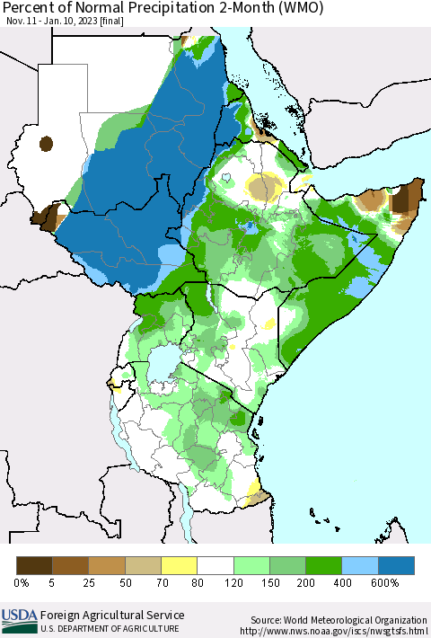 Eastern Africa Percent of Normal Precipitation 2-Month (WMO) Thematic Map For 11/11/2022 - 1/10/2023