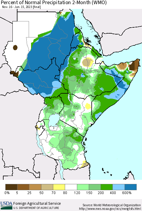 Eastern Africa Percent of Normal Precipitation 2-Month (WMO) Thematic Map For 11/16/2022 - 1/15/2023