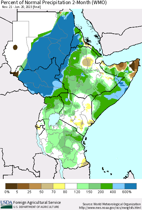 Eastern Africa Percent of Normal Precipitation 2-Month (WMO) Thematic Map For 11/21/2022 - 1/20/2023