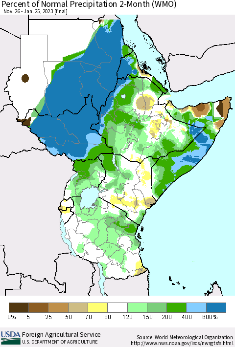 Eastern Africa Percent of Normal Precipitation 2-Month (WMO) Thematic Map For 11/26/2022 - 1/25/2023
