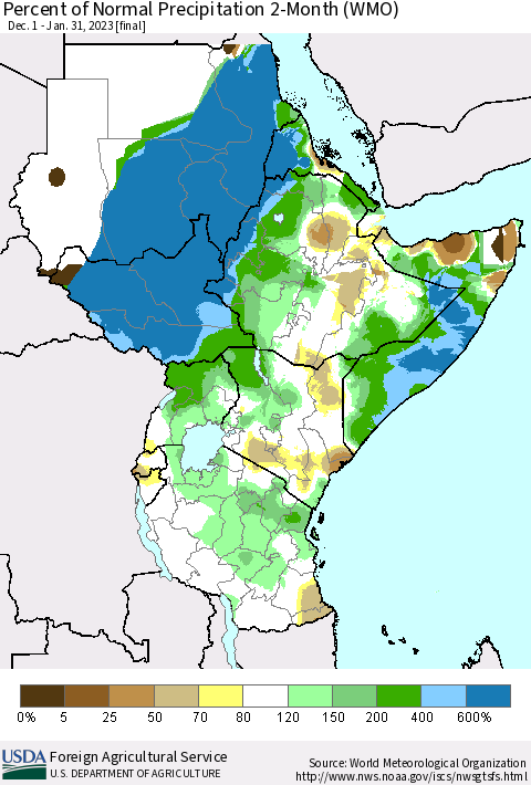 Eastern Africa Percent of Normal Precipitation 2-Month (WMO) Thematic Map For 12/1/2022 - 1/31/2023