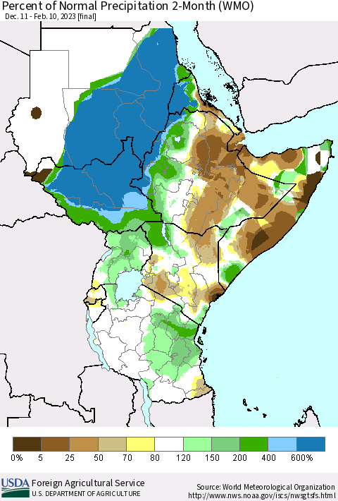 Eastern Africa Percent of Normal Precipitation 2-Month (WMO) Thematic Map For 12/11/2022 - 2/10/2023